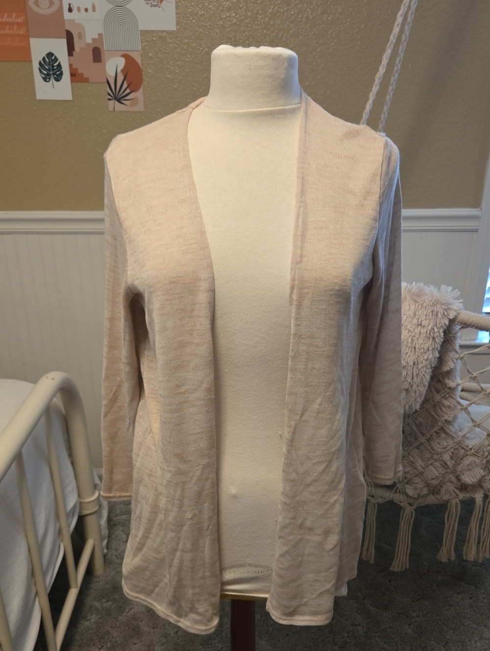 Divided Open-Front Lightweight Cardigan - Light Beige